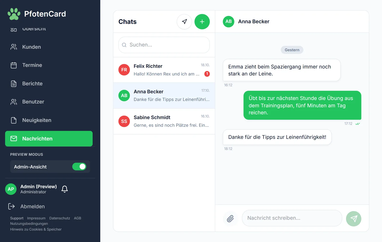 Chat in PfotenCard between dog school and customer