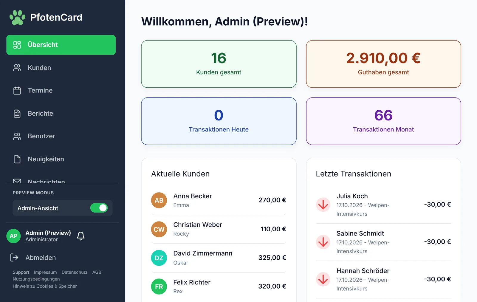 Overview in PfotenCard with total credit and recent transactions