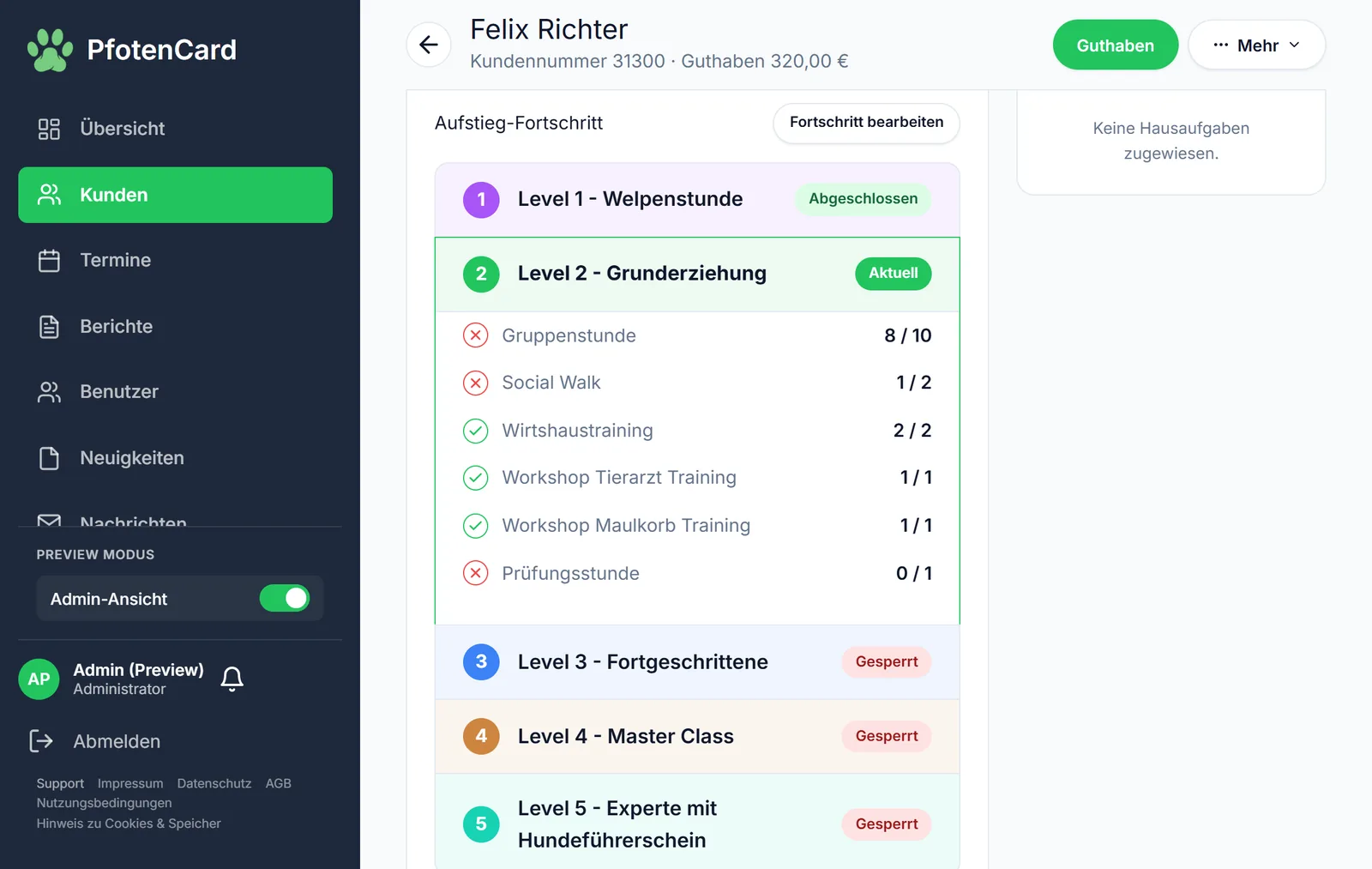 Customer record in PfotenCard with credit and the dog's training progress