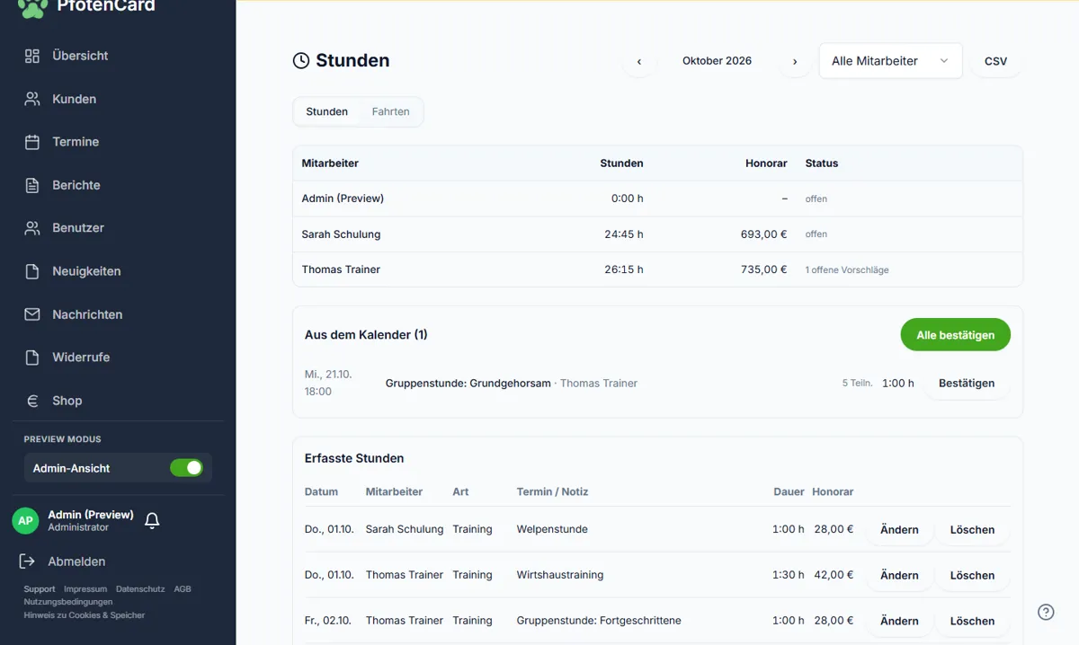 Real screenshot of the hours overview in the demo school
