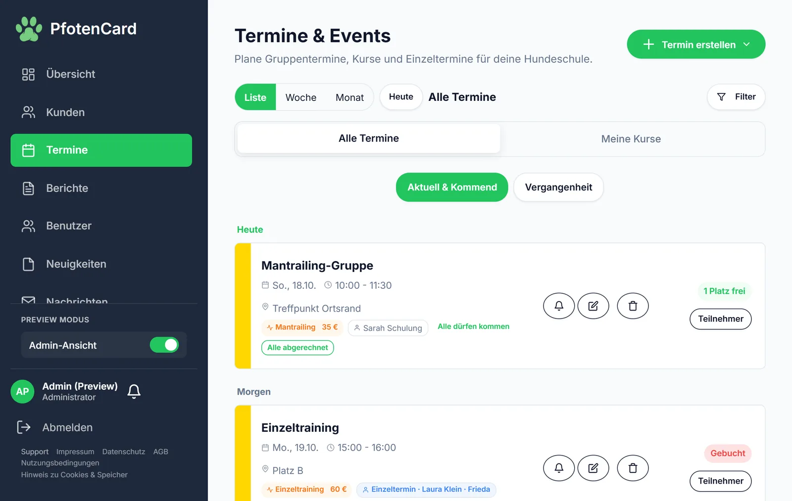Appointment overview in PfotenCard with free places and participant lists